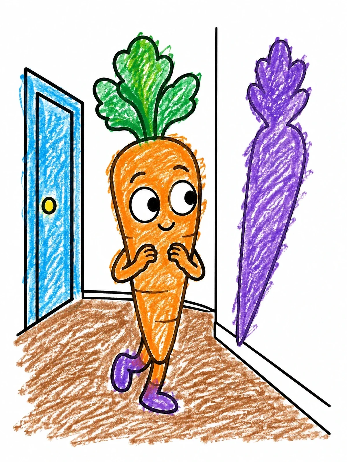 Colored example of the Cartoon Carrot Tiptoeing Down Hallway coloring page