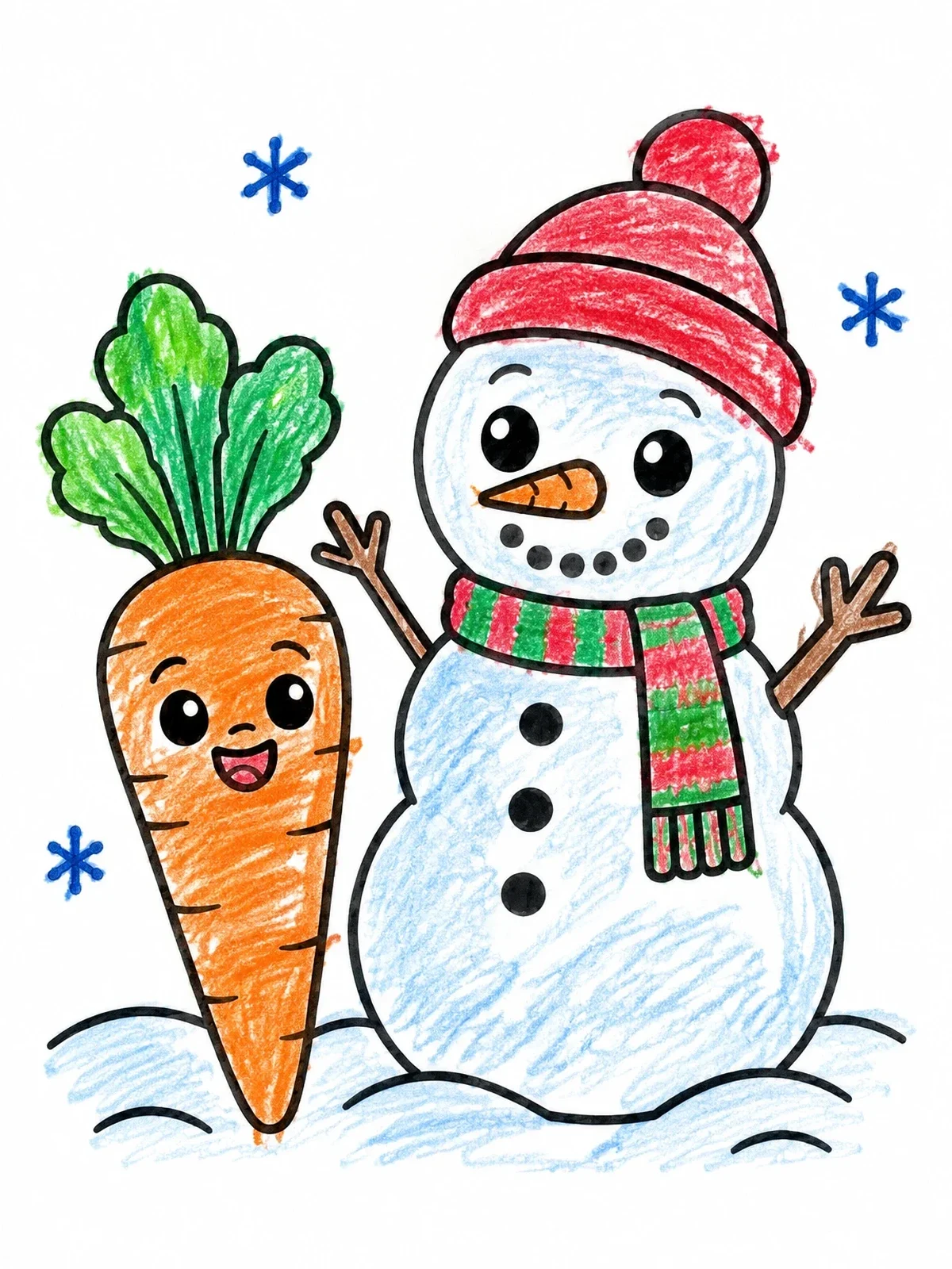Colored example of the Cheerful Snowman And Giant Carrot coloring page