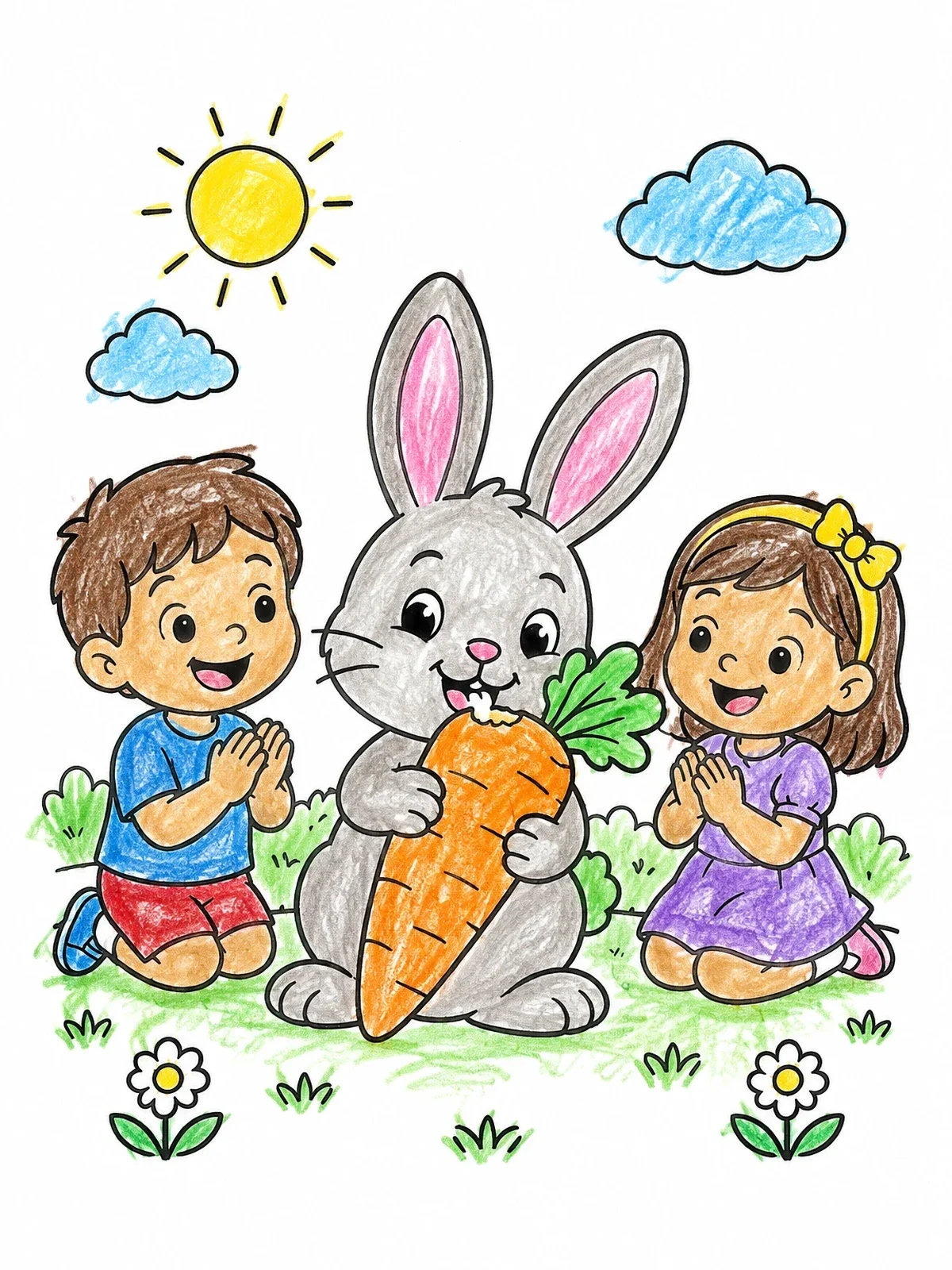 Colored example of the Cute Bunny Nibbling A Giant Carrot coloring page