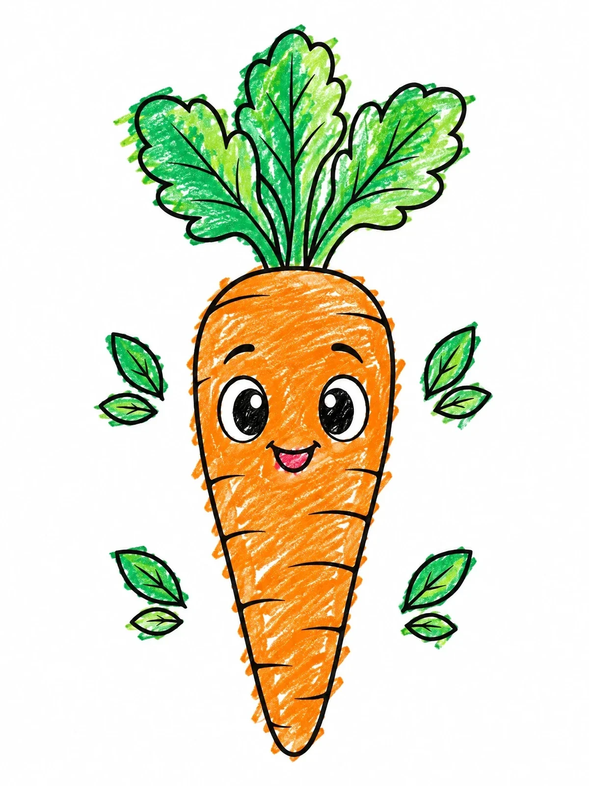 Colored example of the Happy Cartoon Carrot With Leaves coloring page