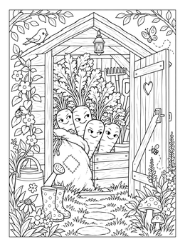 A playful carrot coloring page with cute smiling carrots tucked inside an open wooden garden shed.