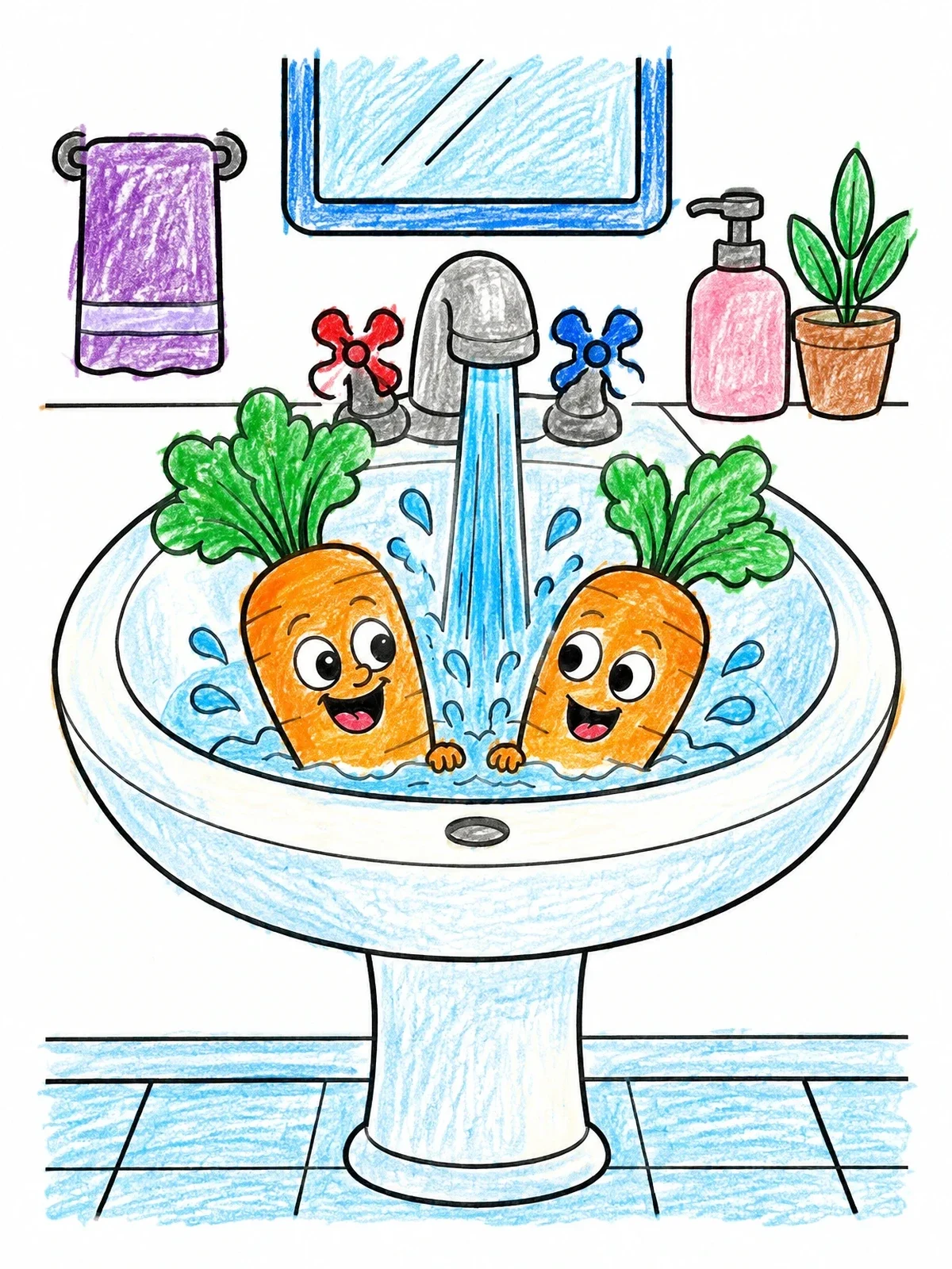 Colored example of the Carrots Bathing In The Bathroom Sink coloring page