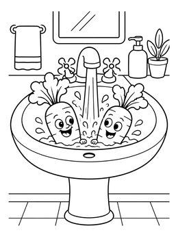 Free printable Carrots Bathing In The Bathroom Sink coloring page