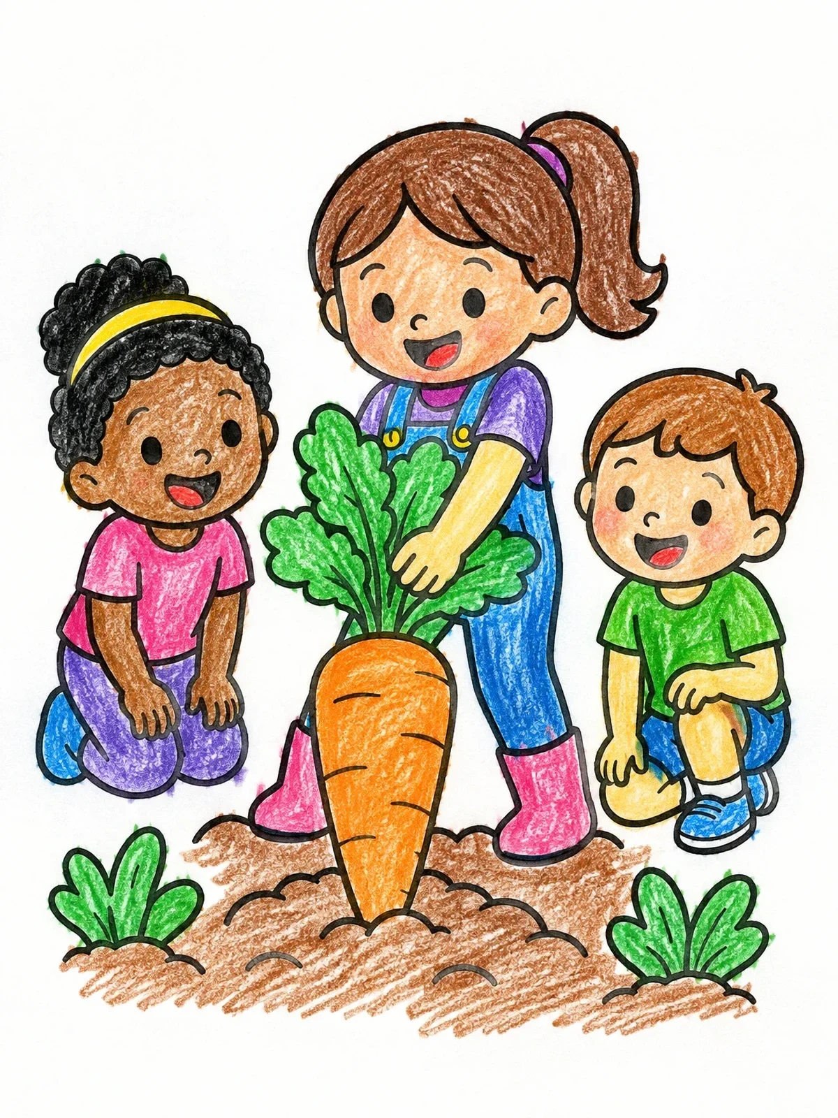 Colored example of the Children Harvesting A Giant Garden Carrot coloring page