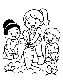 Free printable Children Harvesting A Giant Garden Carrot coloring page
