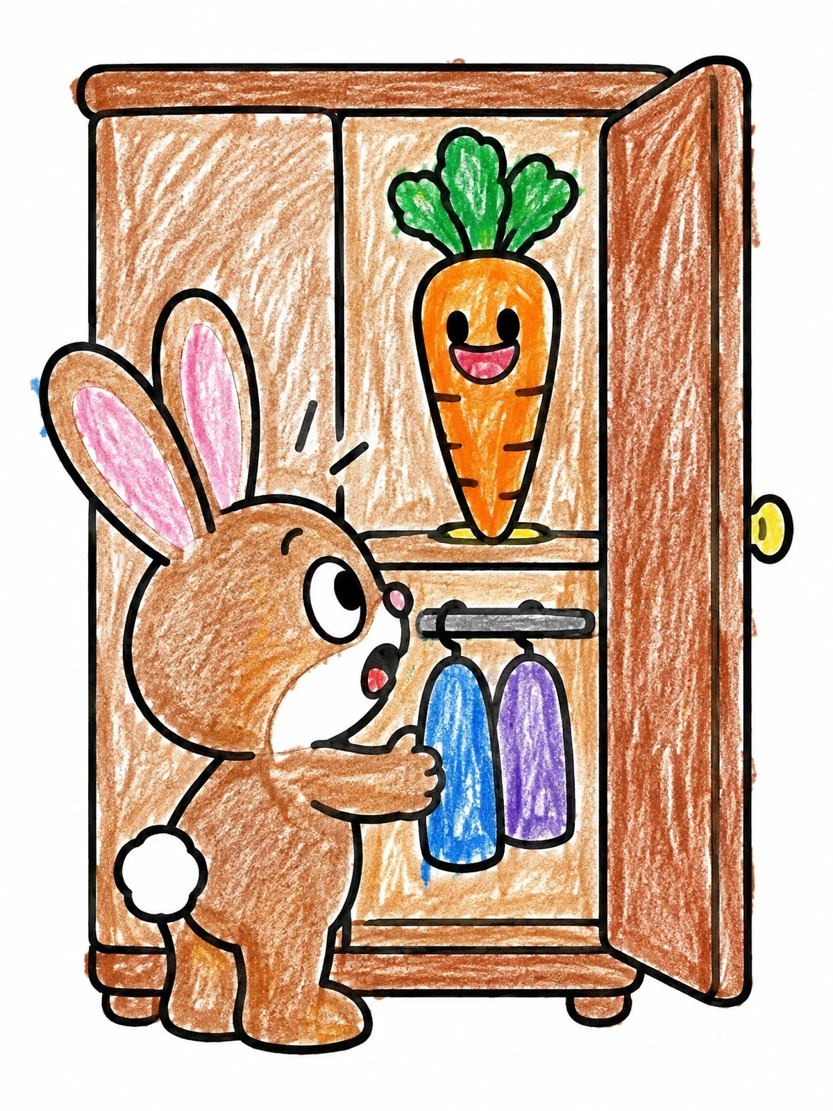 Colored example of the Surprised Bunny Finding A Carrot In Closet coloring page