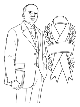 A detailed carter g woodson coloring page featuring the historian beside a large commemorative ribbon.