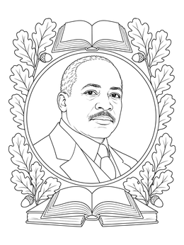 A detailed carter g woodson coloring page featuring his portrait surrounded by oak leaves and open books.