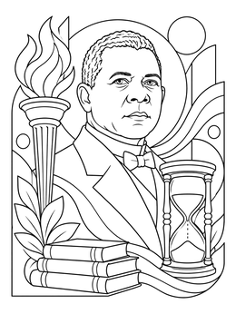 A detailed carter g woodson coloring page with a torch, books, and an hourglass.