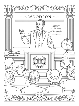 Historical carter g woodson coloring page showing the educator lecturing students in a classic hall.