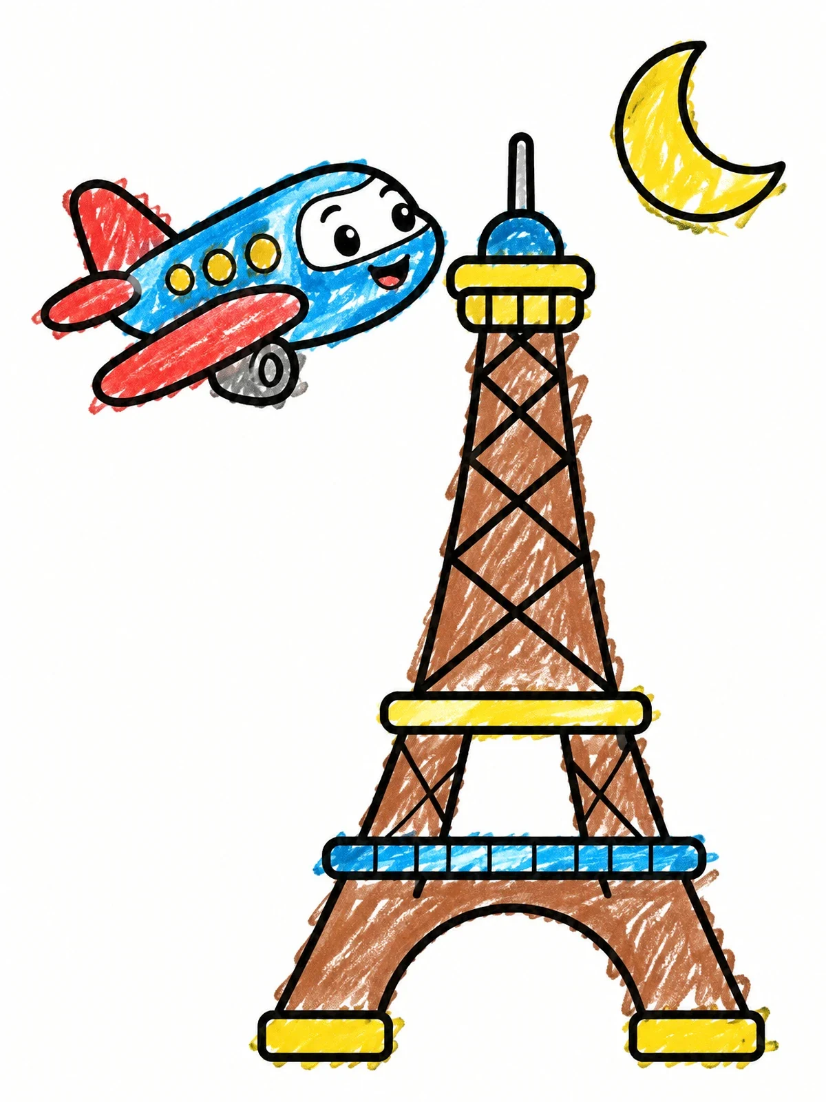 Colored example of the Cartoon Airplane By The Eiffel Tower coloring page