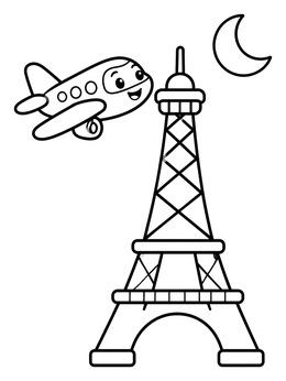 Free printable Cartoon Airplane By The Eiffel Tower coloring page
