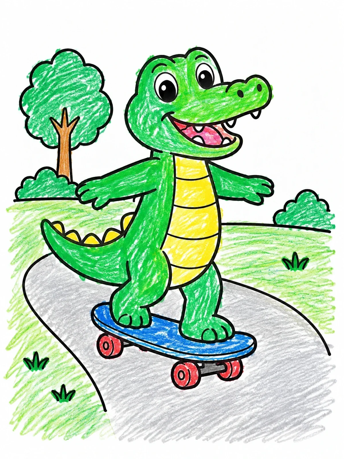 Colored example of the Cartoon Alligator On A Skateboard coloring page