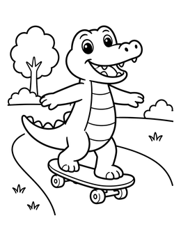 A happy alligator coloring page showing a cartoon reptile balancing on a skateboard in the park.