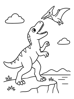 A friendly cartoon allosaurus coloring page with a flying pterosaur above a cliff.