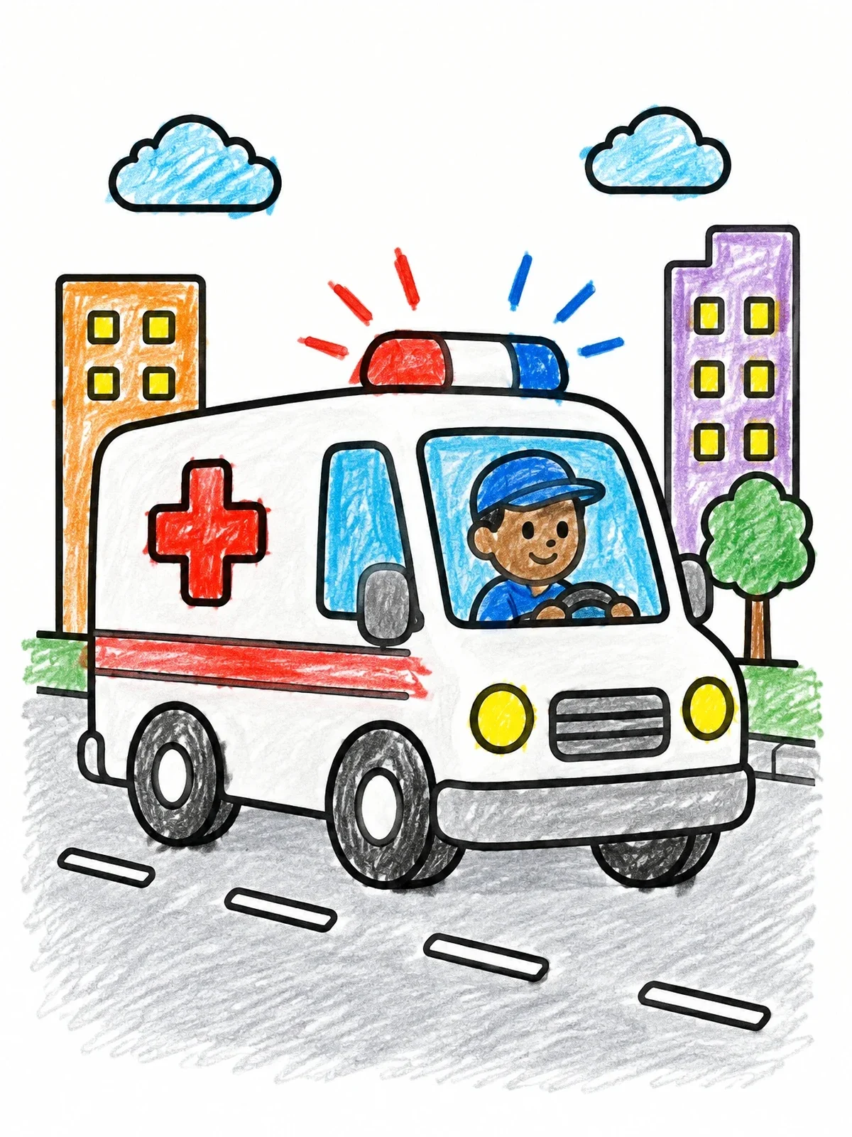 Colored example of the Cartoon Ambulance Driving In The City coloring page