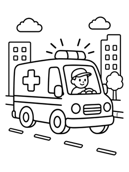 Free printable Cartoon Ambulance Driving In The City coloring page