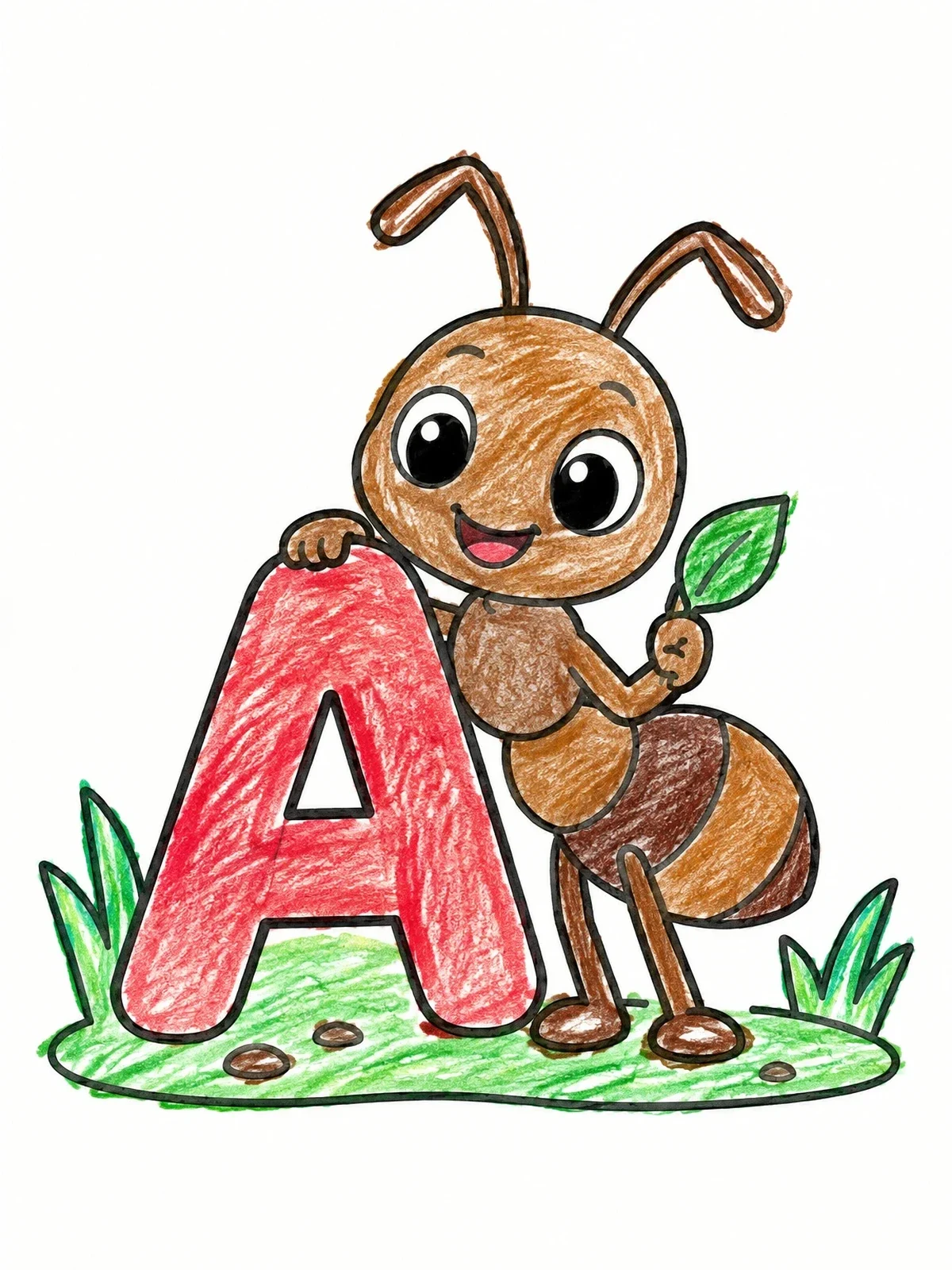 Colored example of the Cute Cartoon Ant With Letter A coloring page