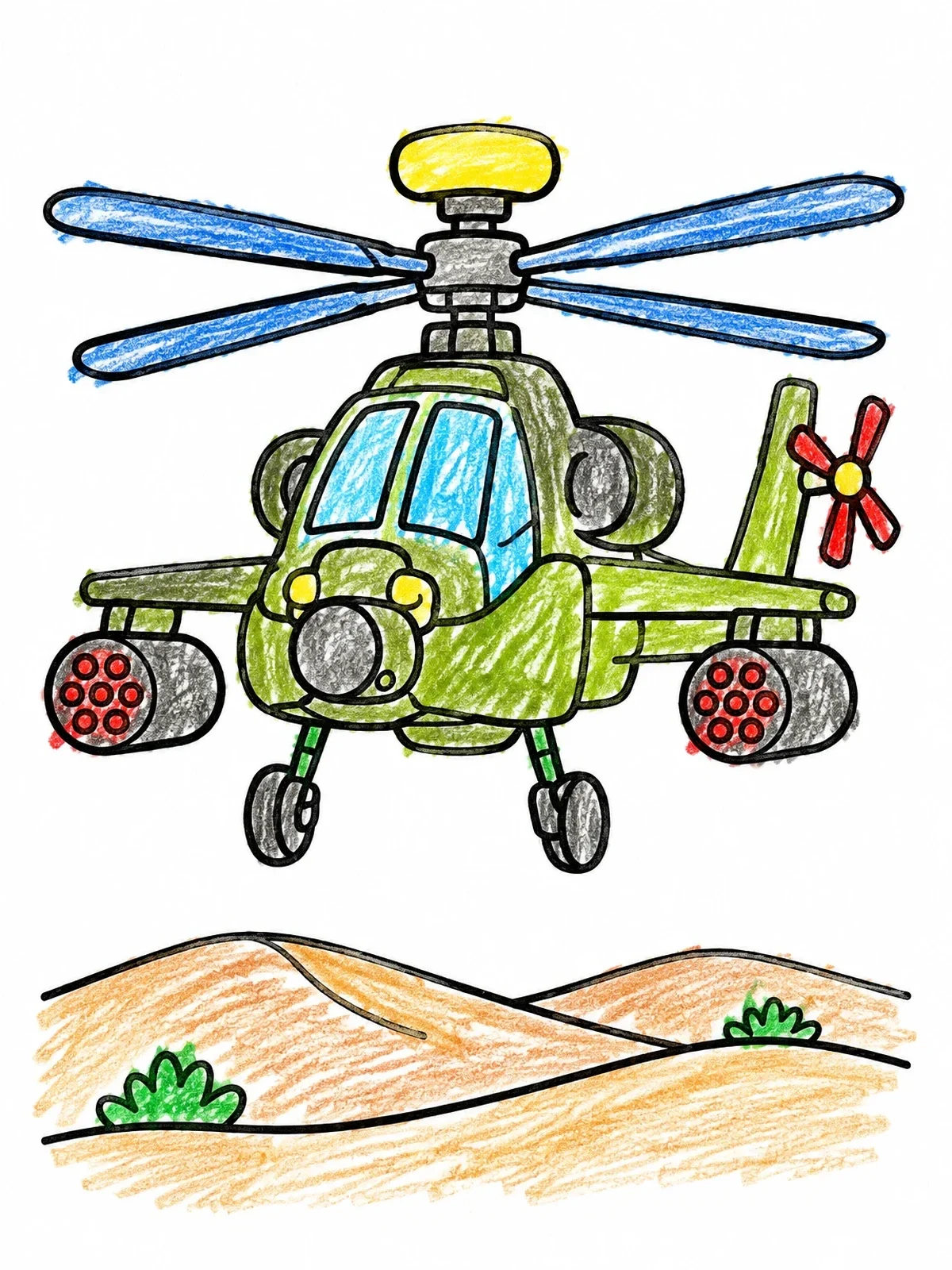 Colored example of the Cartoon Attack Helicopter Over Hills coloring page