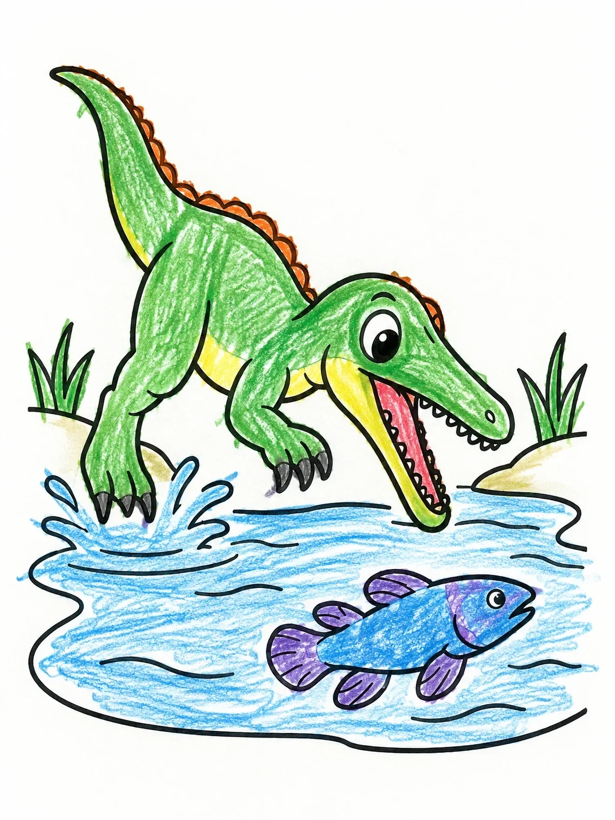 Colored example of the Cartoon Baryonyx Catching Fish coloring page