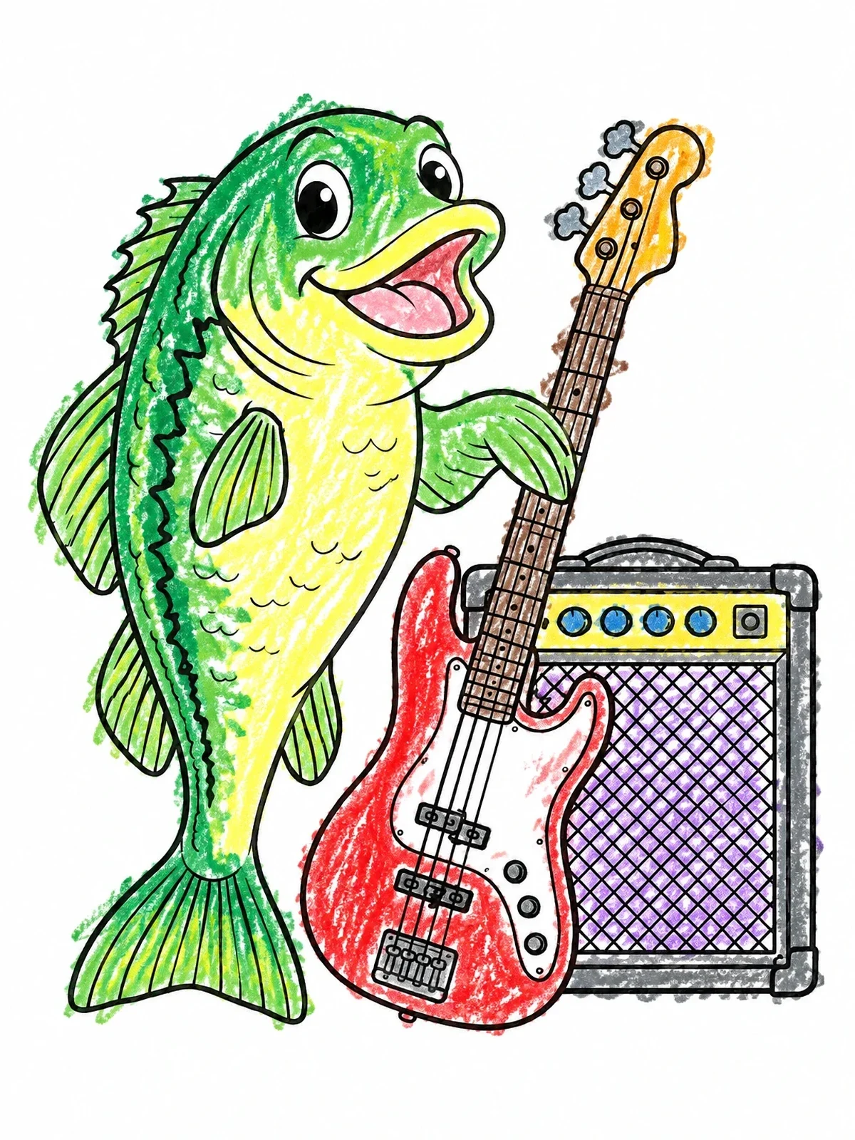 Colored example of the Cartoon Bass Fish With Guitar coloring page