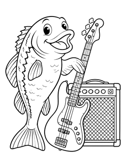Free printable Cartoon Bass Fish With Guitar coloring page