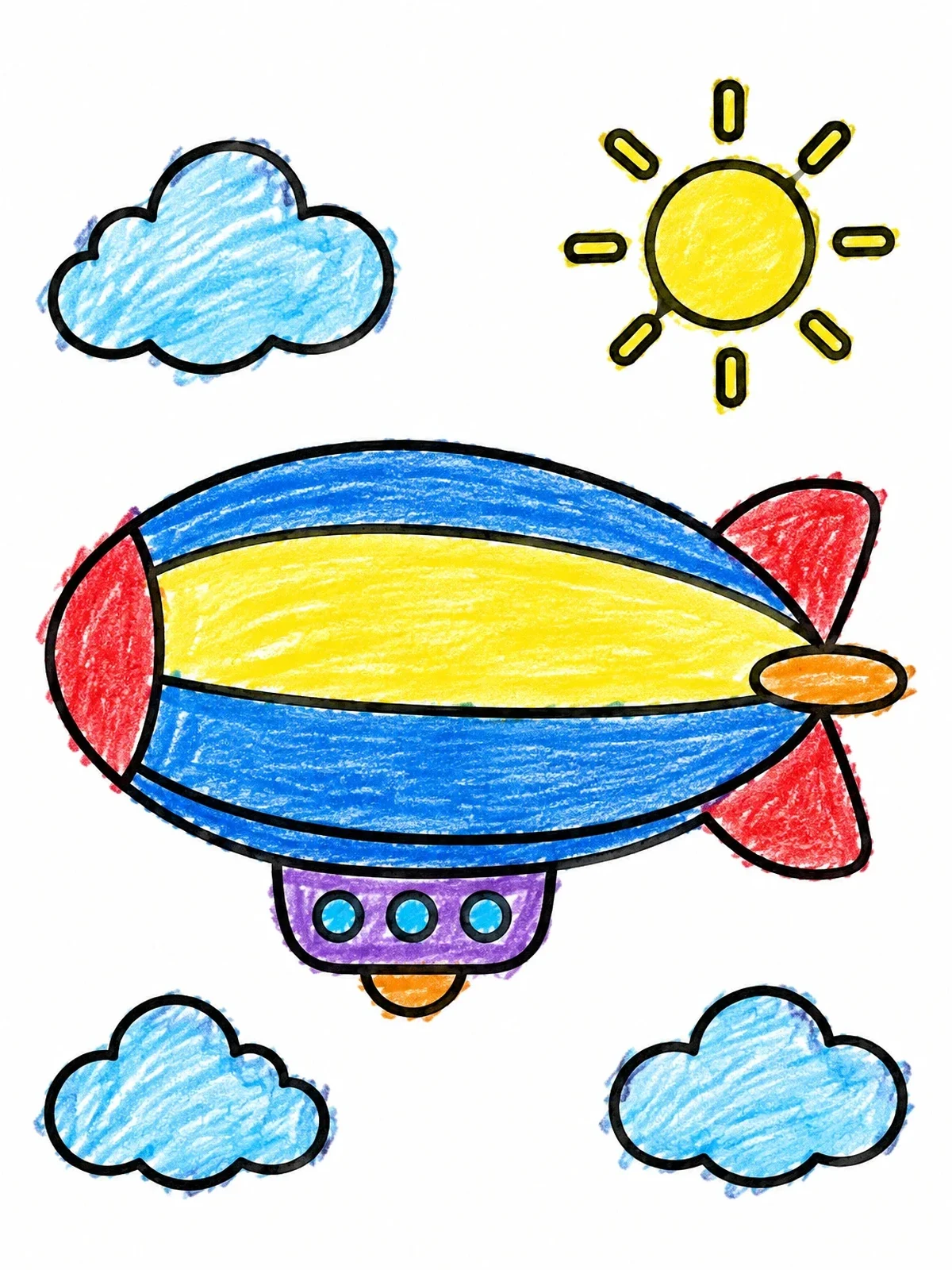 Colored example of the Cartoon Blimp Floating In The Sky coloring page
