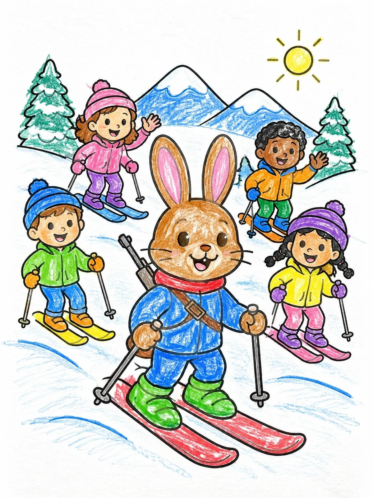 Colored example of the Cartoon Bunny And Kids Skiing coloring page