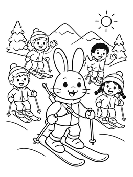 Free printable Cartoon Bunny And Kids Skiing coloring page