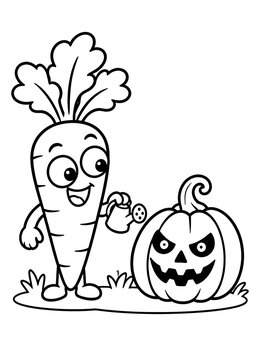 A cheerful cartoon carrot watering a jack-o-lantern on this carrot coloring page.