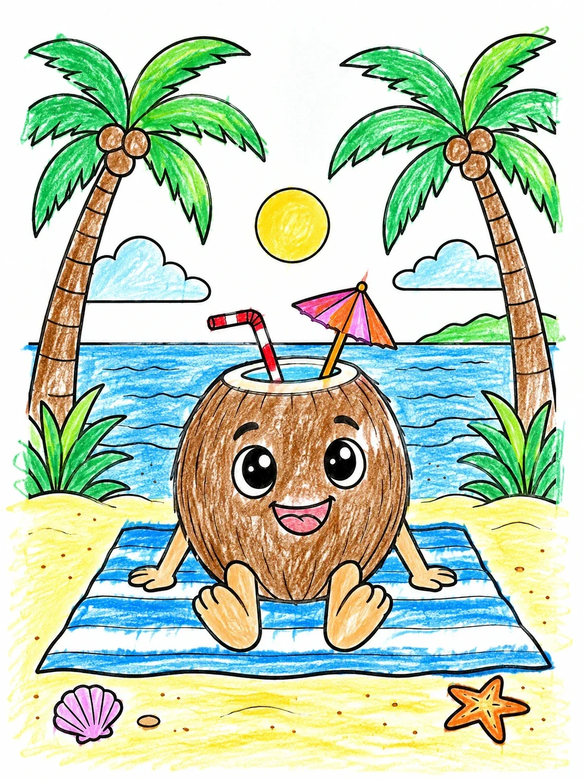 Colored example of the Cartoon Coconut Relaxing On The Beach coloring page