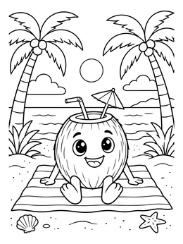 A cheerful coconut coloring page with palm trees, the ocean, and a beach towel.