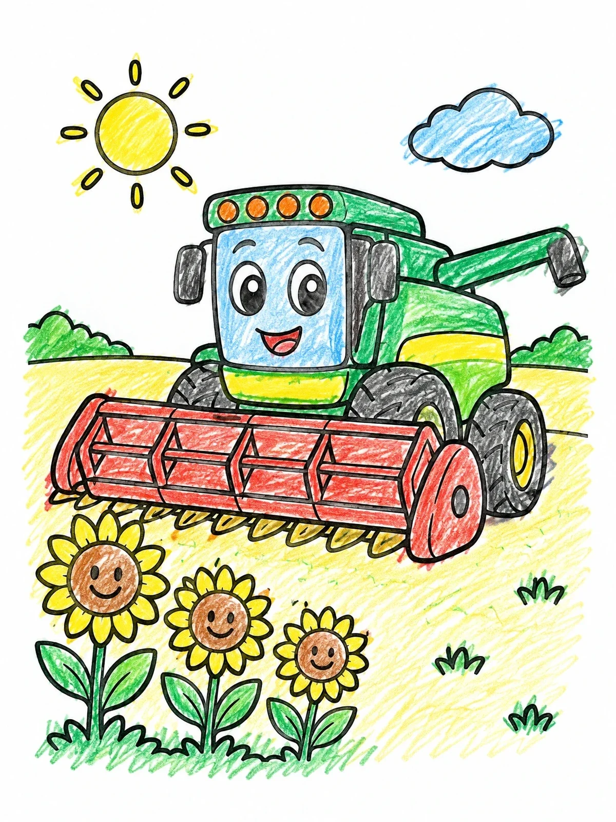 Colored example of the Happy Combine Harvester In The Sunflower Field coloring page