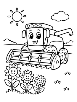 Free printable Happy Combine Harvester In The Sunflower Field coloring page