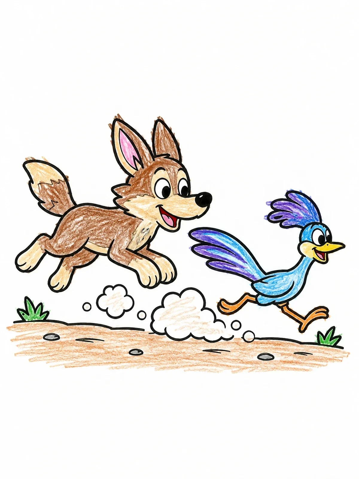 Colored example of the Playful Coyote Chasing A Roadrunner coloring page