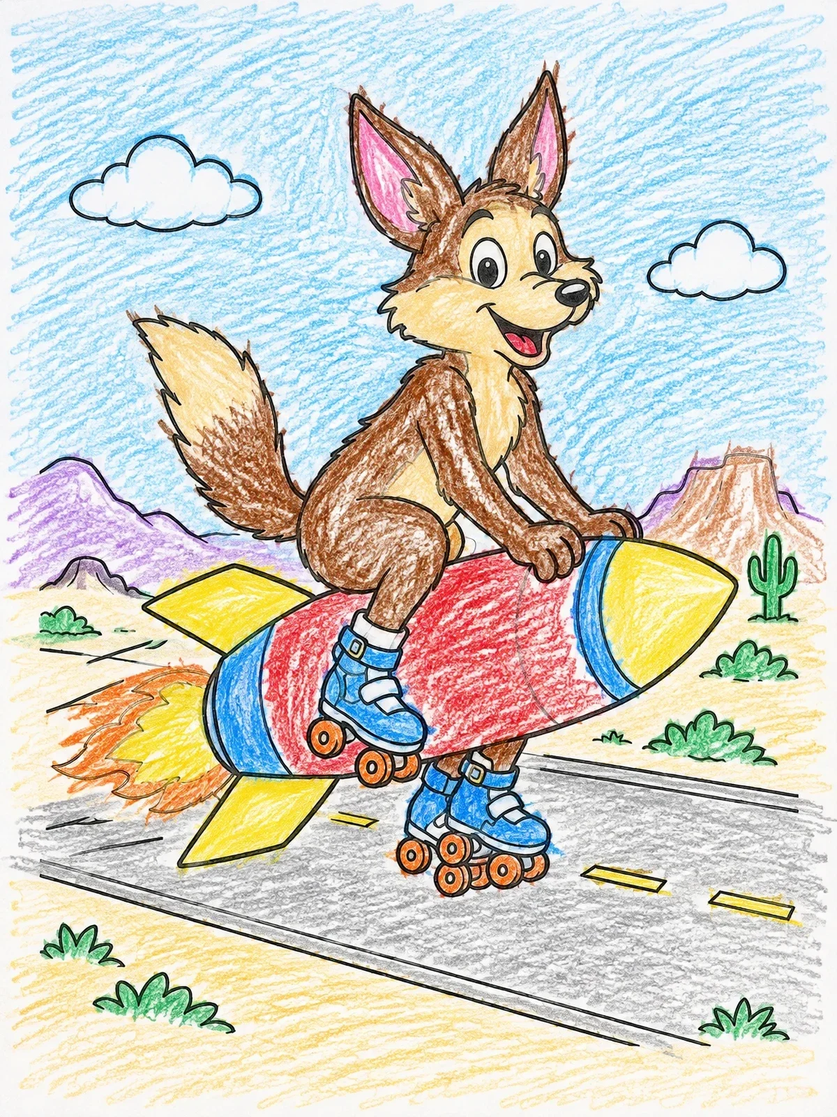 Colored example of the Cartoon Coyote Riding A Rocket coloring page