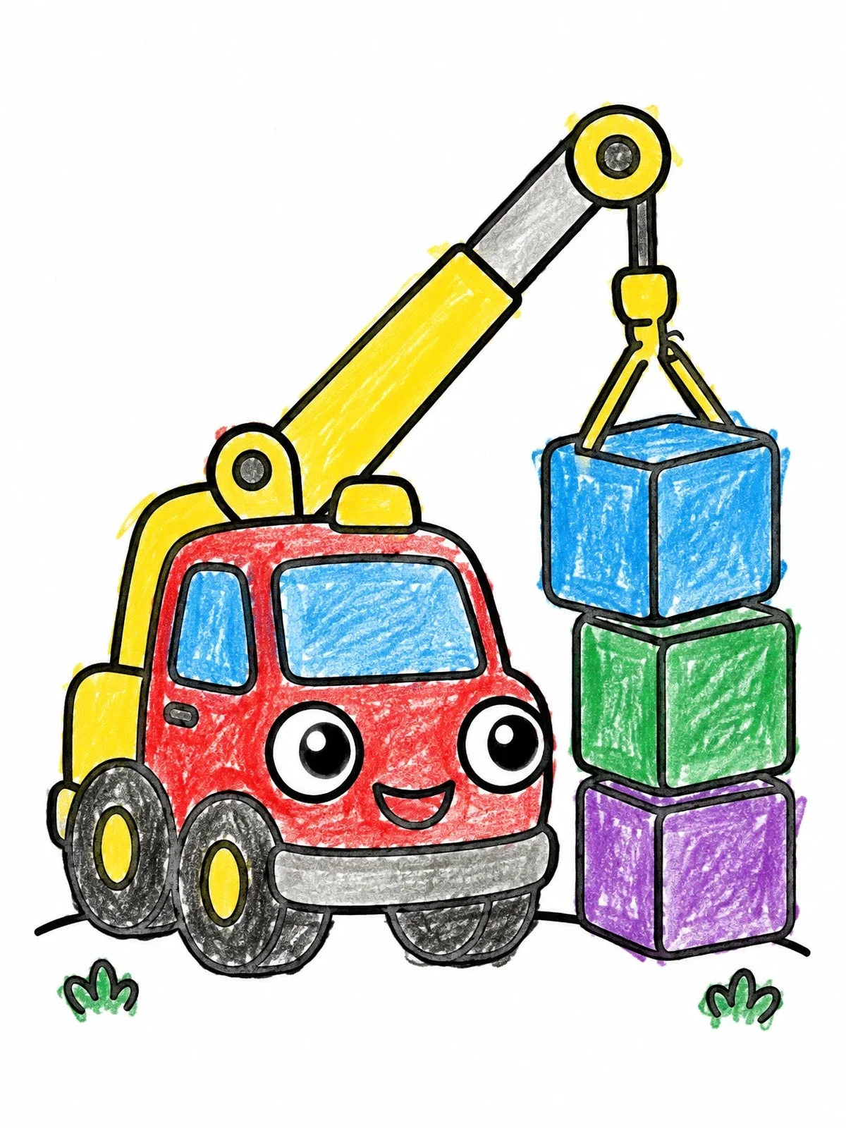 Colored example of the Cheerful Cartoon Crane Truck Stacking Blocks coloring page