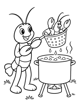 A cheerful crawfish holding a strainer basket over a boiling pot in this crawfish coloring page.