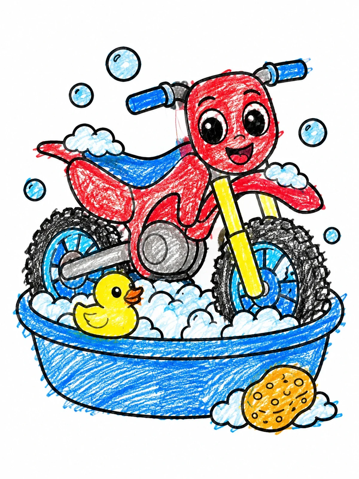 Colored example of the Cartoon Dirt Bike Bubble Bath coloring page