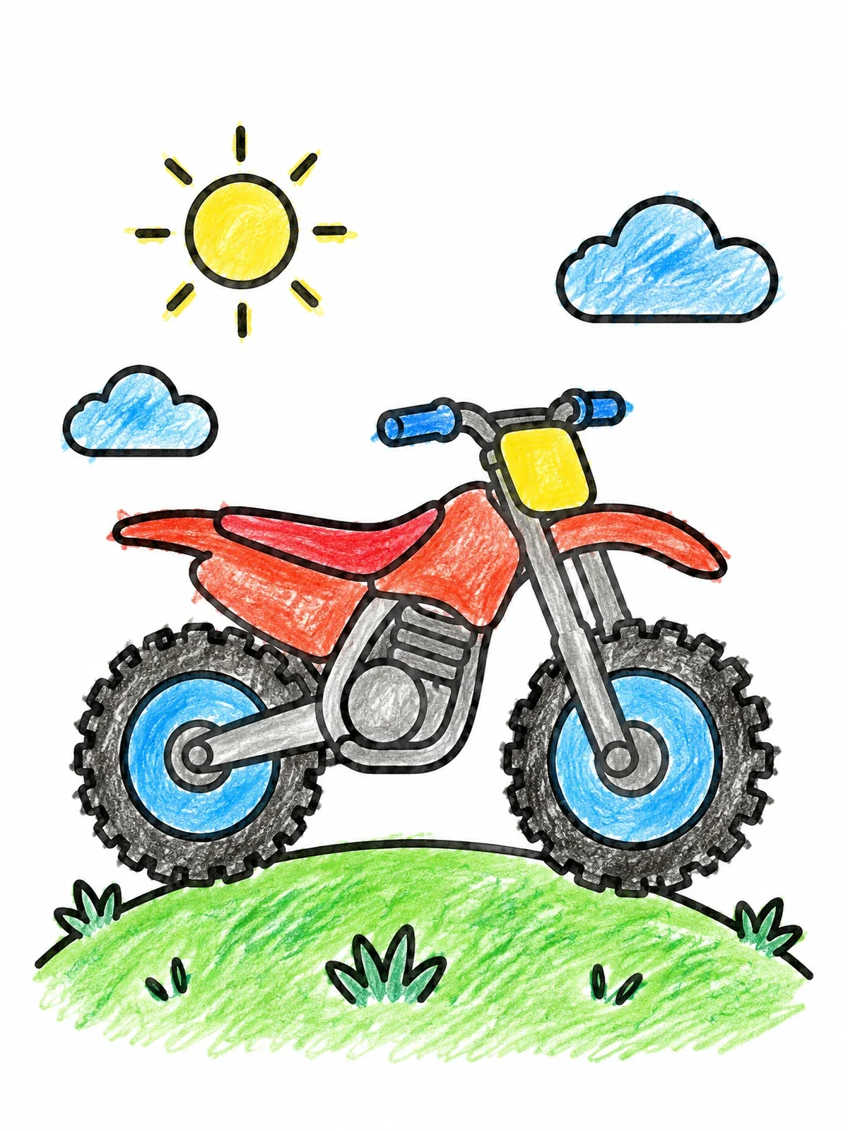 Colored example of the Cartoon Dirt Bike On Grassy Hill coloring page