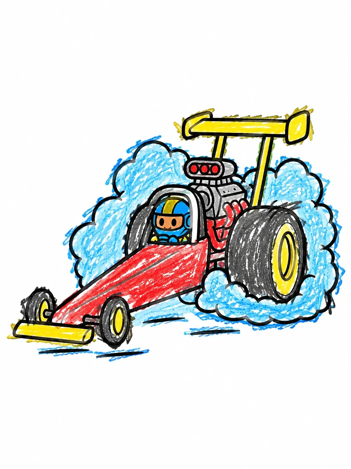 Colored example of the Cartoon Dragster With Tire Smoke coloring page