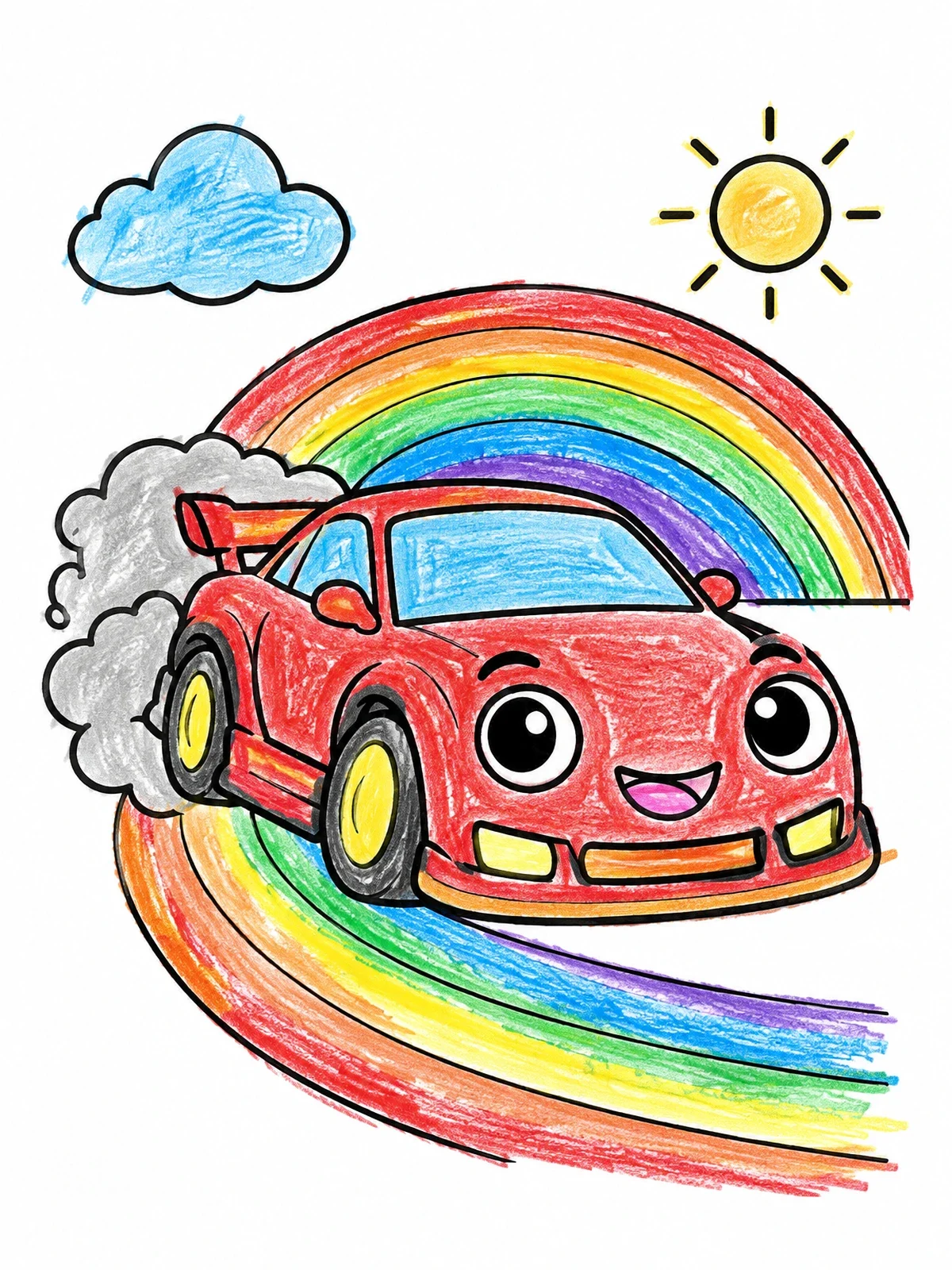 Colored example of the Happy Cartoon Drift Car coloring page