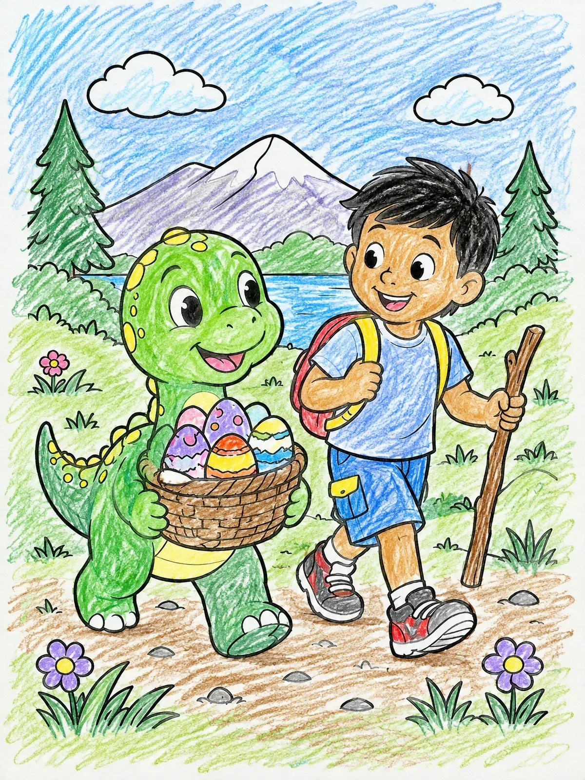 Colored example of the Hiker Boy And Baby Dinosaur With Easter Eggs coloring page