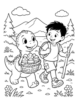 Free printable Hiker Boy And Baby Dinosaur With Easter Eggs coloring page