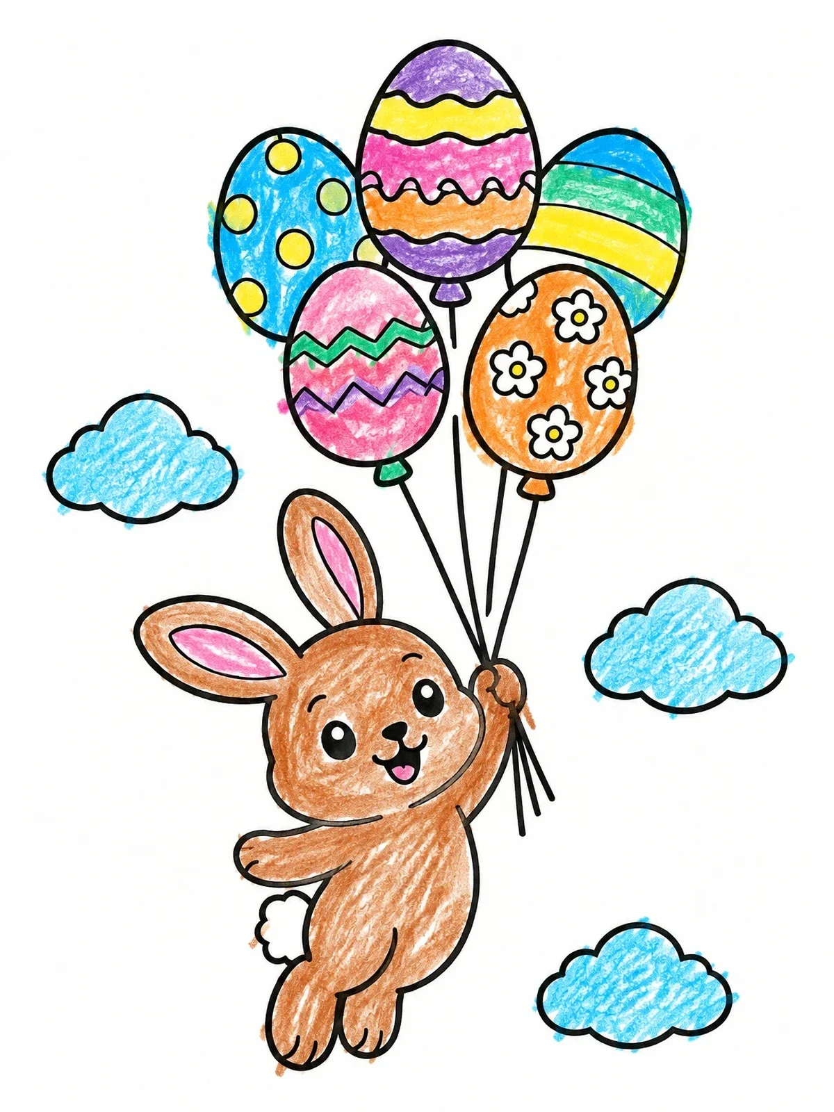 Colored example of the Bunny Floating With Easter Egg Balloons coloring page