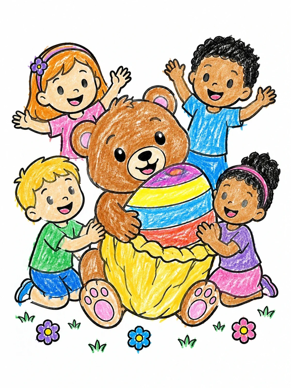 Colored example of the Children And Bear With Giant Easter Egg coloring page