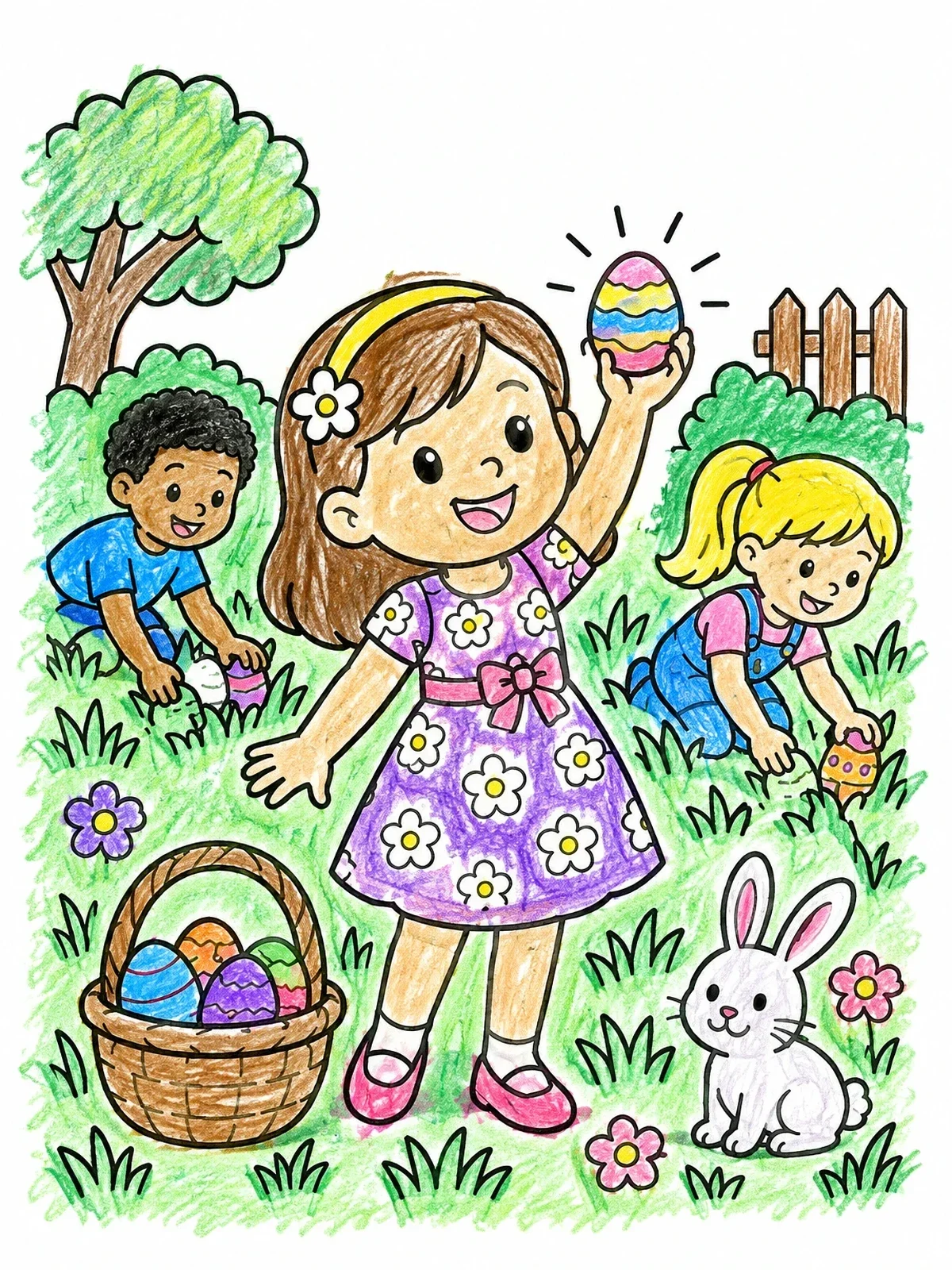 Colored example of the Children Hunting Easter Eggs In Garden coloring page