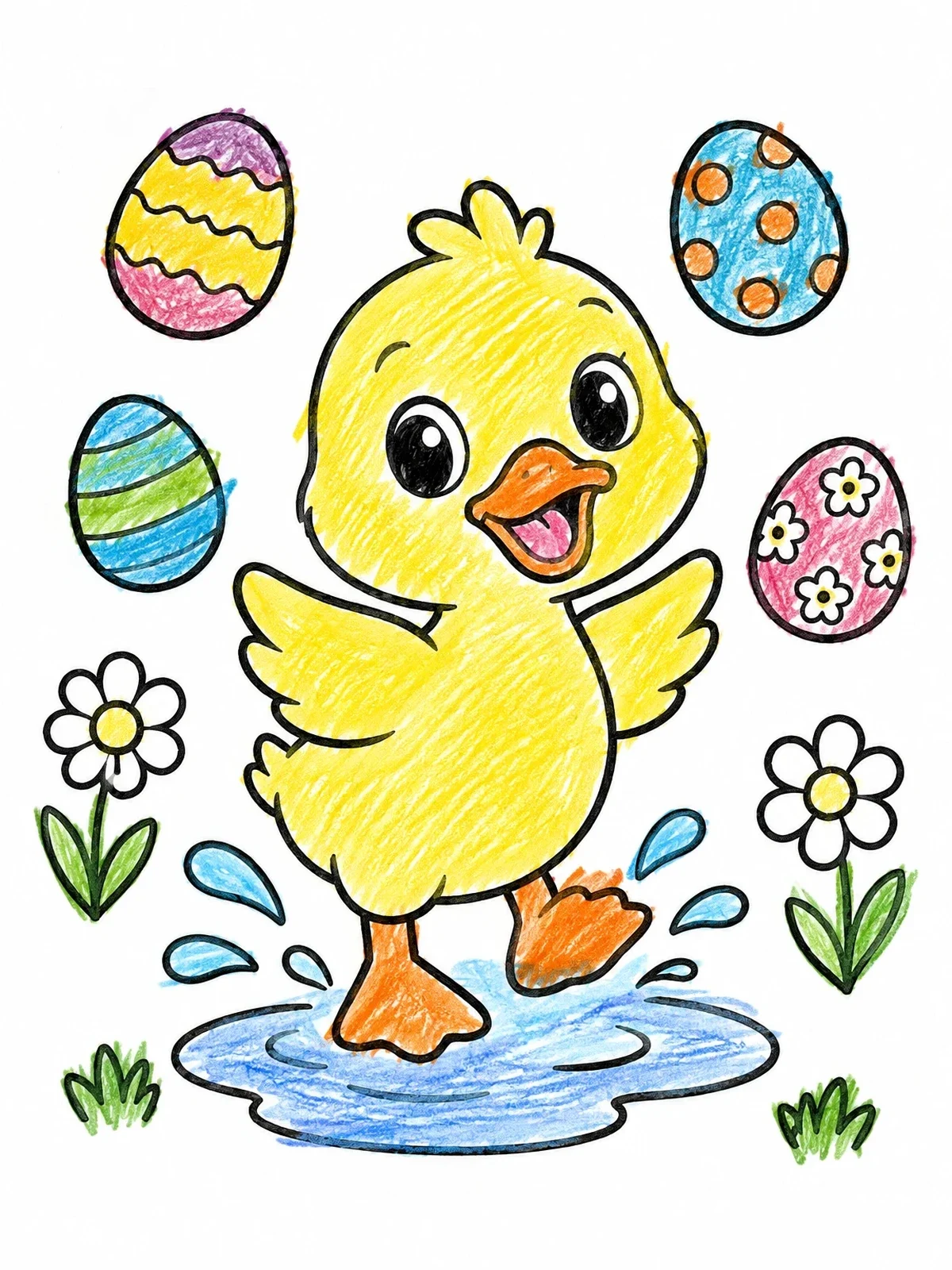 Colored example of the Cheerful Duckling Splashing In Puddle coloring page