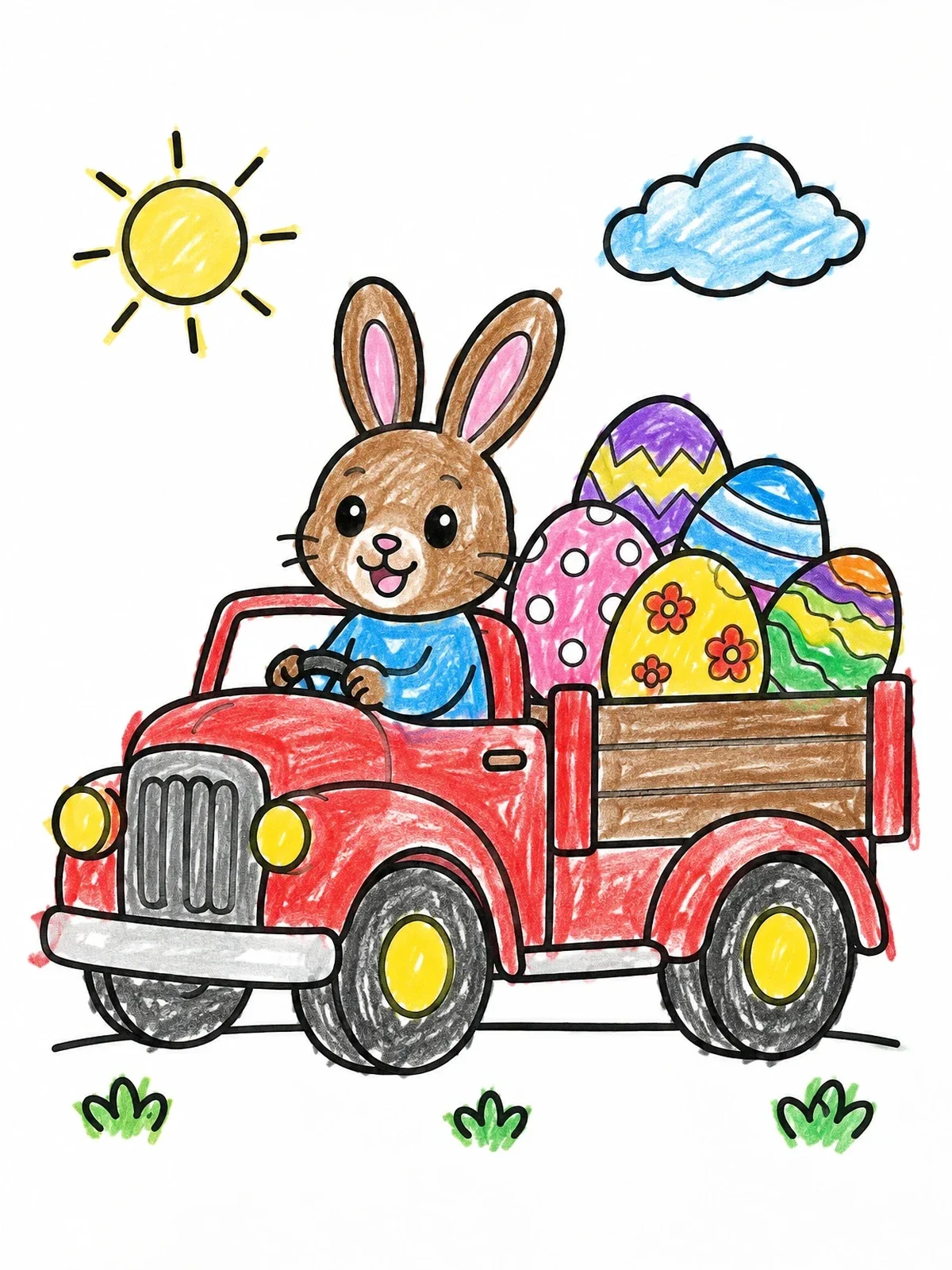 Colored example of the Easter Bunny Driving Vintage Truck coloring page