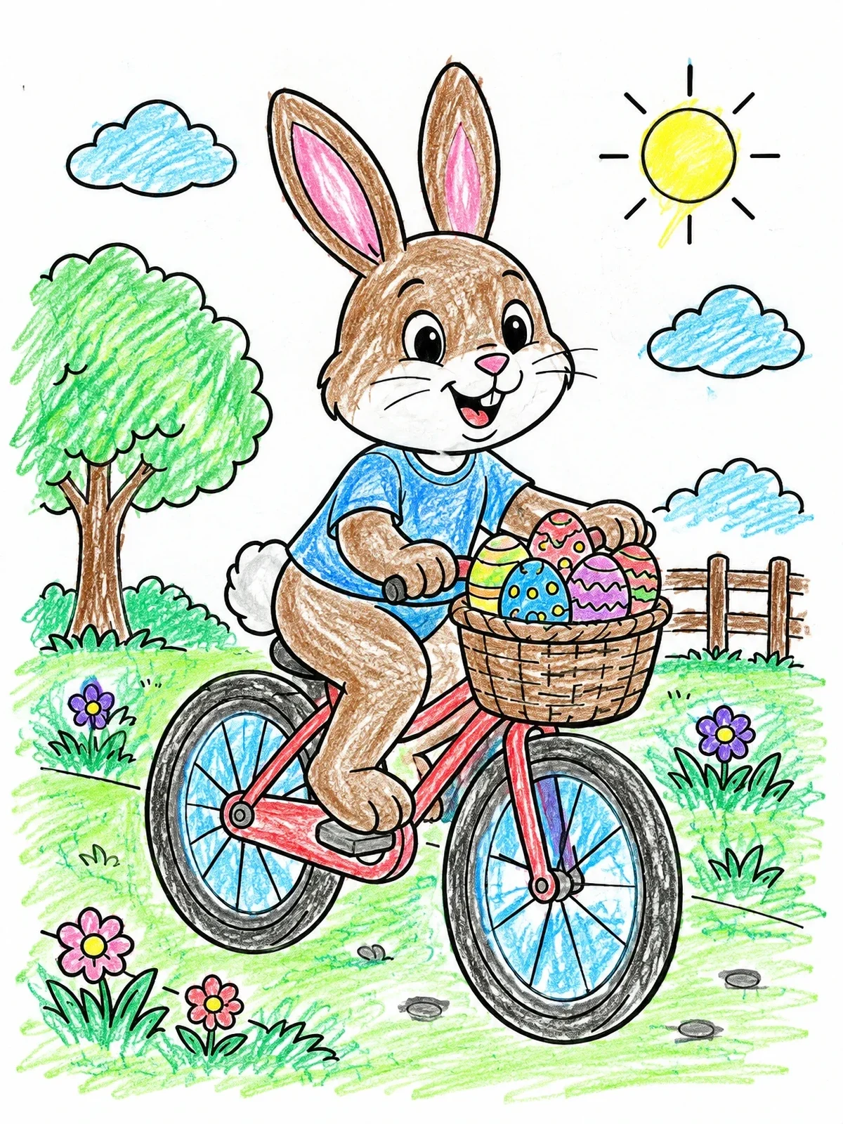 Colored example of the Easter Bunny Riding A Bicycle coloring page